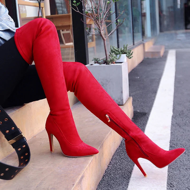 Botas altas hasta el muslo elásticas en negro y rojo, botas por encima de la rodilla ajustadas y elásticas sexis para mujer, zapatos largos fetiche de tacón alto de gamuza sintética a la moda