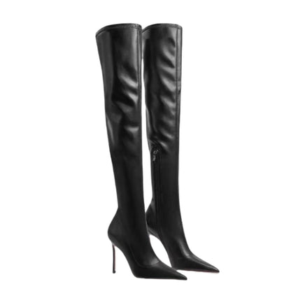 Arden Furtado 2025 invierno marrón elástico sobre la rodilla botas puntiagudas cremallera lateral conciso tacón súper alto botas ajustadas para mujer