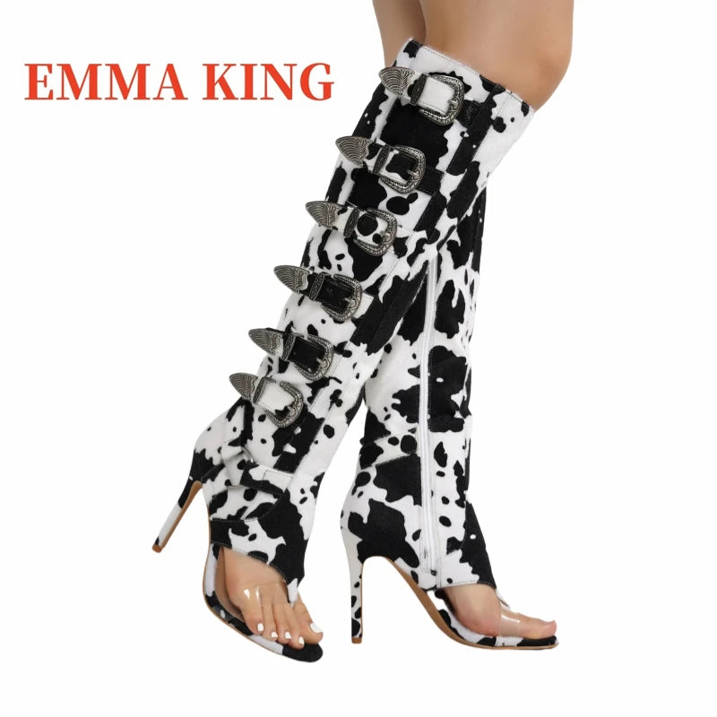 Botas hasta la rodilla con diseño de hebilla de cinturón para mujer, botas de gladiador sexis con punta redonda abierta, botas largas de tacón alto con cremallera, zapatos de noche