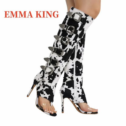 Botas hasta la rodilla con diseño de hebilla de cinturón para mujer, botas de gladiador sexis con punta redonda abierta, botas largas de tacón alto con cremallera, zapatos de noche