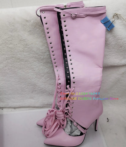 Botas blancas con punta puntiaguda y cordones hasta la rodilla para mujer, novedad de verano, sandalias sexis con hebilla hueca y tacón de aguja con cordones cruzados en la parte delantera