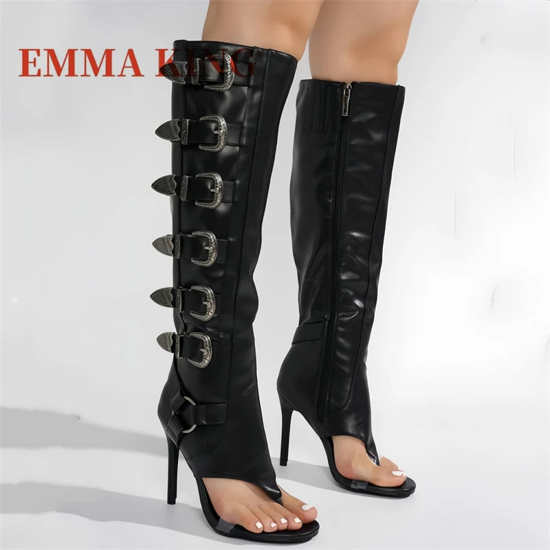 Botas hasta la rodilla con diseño de hebilla de cinturón para mujer, botas de gladiador sexis con punta redonda abierta, botas largas de tacón alto con cremallera, zapatos de noche