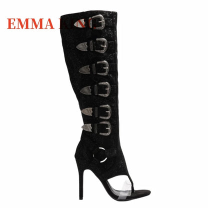 Botas hasta la rodilla con diseño de hebilla de cinturón para mujer, botas de gladiador sexis con punta redonda abierta, botas largas de tacón alto con cremallera, zapatos de noche