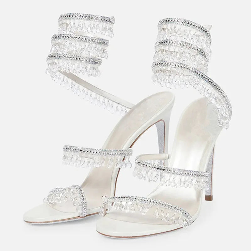 Sandalias de tacón alto para mujer con flecos de diamantes de imitación