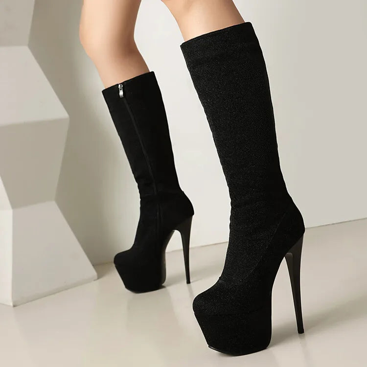 Botas hasta la rodilla con tacón alto de 16cm para mujer, botines sexys de Pole Dance, plataforma impermeable, cremallera lateral, cuero brillante, punta redonda, 35-45