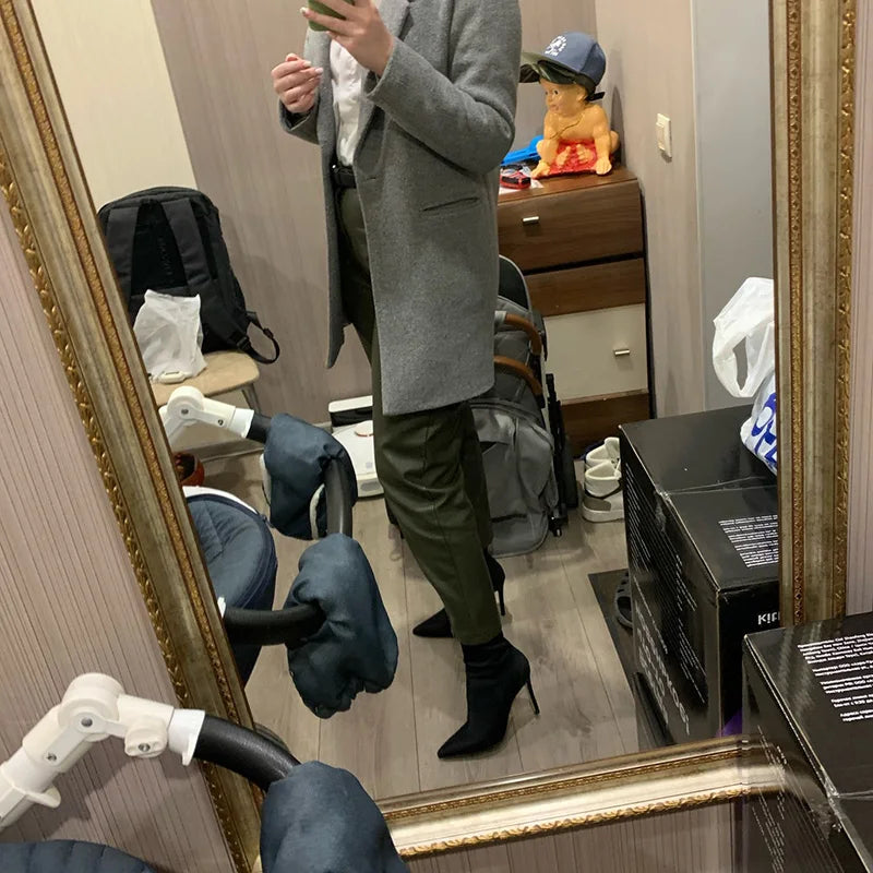 Botas de calcetín de seda de tacón alto de 7,5 cm y 10cm para mujer, botines cortos de tacón bajo verde, zapatos sexis de satén con punta estrecha para invierno