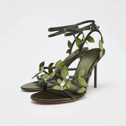 zapatos de mujer, sandalias de tacón de aguja con adornos florales