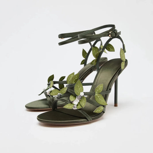 zapatos de mujer, sandalias de tacón de aguja con adornos florales