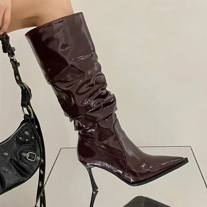 Botas altas de cuero para Mujer, zapatos sexis de tacón alto con punta puntiaguda, Botas Chelsea de fiesta a la moda para Mujer, Botas de nieve nuevas para Mujer