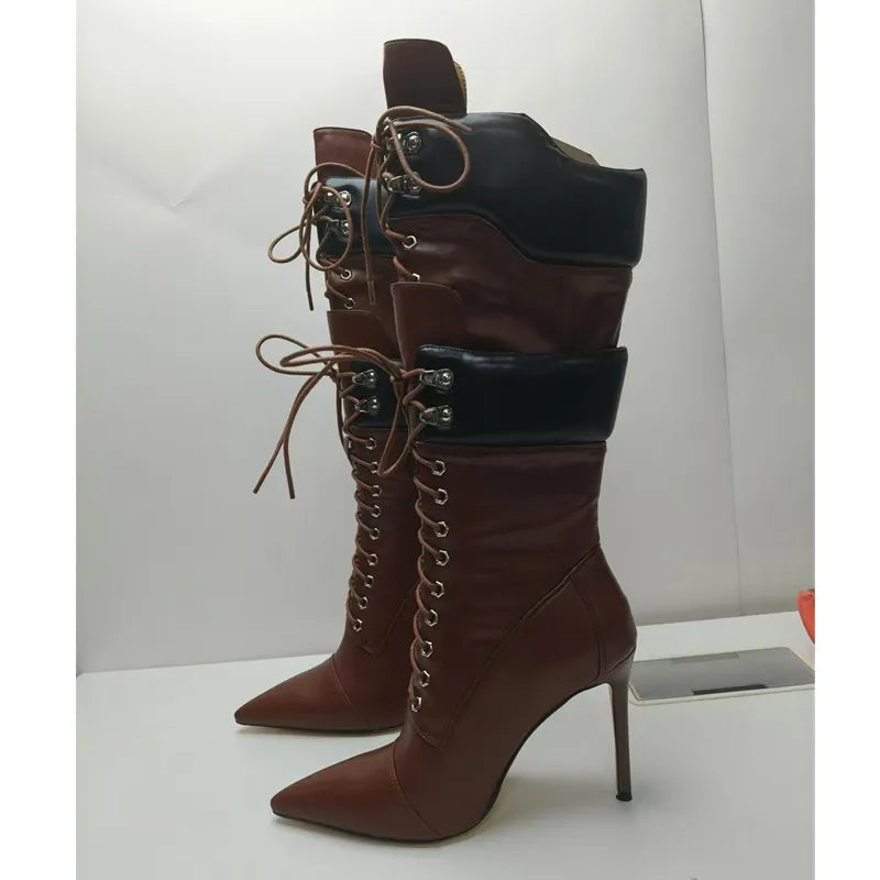 2025 Botas de tacón alto de Otoño Invierno para Mujer con cordones puntiagudos tacones finos Botas de Mujer de doble capa Sexy a media pantorrilla