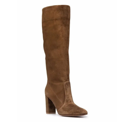 Botas de mujer, Botas informales de piel de ante de alta calidad, Botas de diseño plisado apiladas para mujer, Botas hasta la rodilla con punta estrecha a la moda