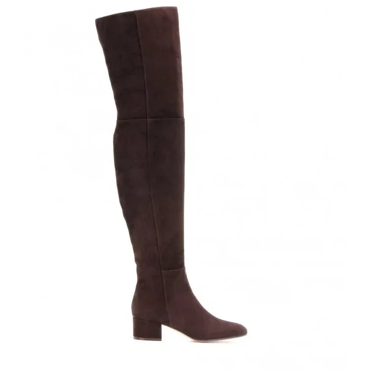 Botas De moda por encima De la rodilla nuevas De invierno, botas De ante De lana Artificial De tacón medio con cabeza redonda, Zapatos De Mujer negros