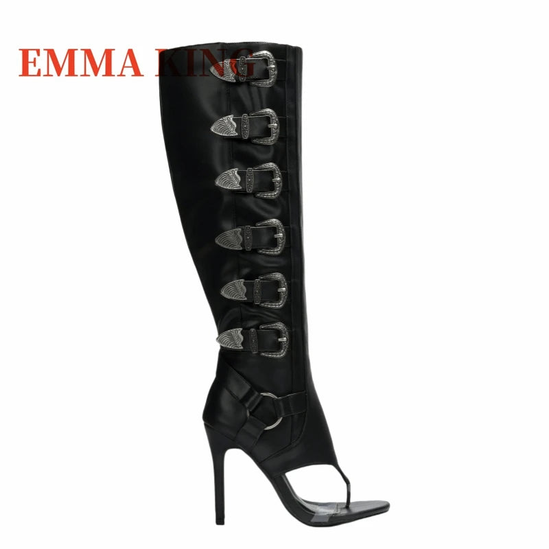 Botas hasta la rodilla con diseño de hebilla de cinturón para mujer, botas de gladiador sexis con punta redonda abierta, botas largas de tacón alto con cremallera, zapatos de noche