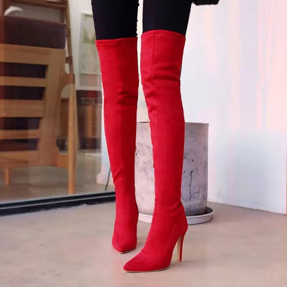 Botas altas hasta el muslo elásticas en negro y rojo, botas por encima de la rodilla ajustadas y elásticas sexis para mujer, zapatos largos fetiche de tacón alto de gamuza sintética a la moda