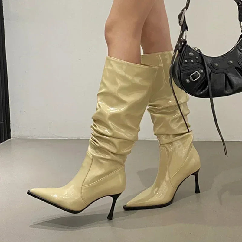 Botas altas de cuero para Mujer, zapatos sexis de tacón alto con punta puntiaguda, Botas Chelsea de fiesta a la moda para Mujer, Botas de nieve nuevas para Mujer