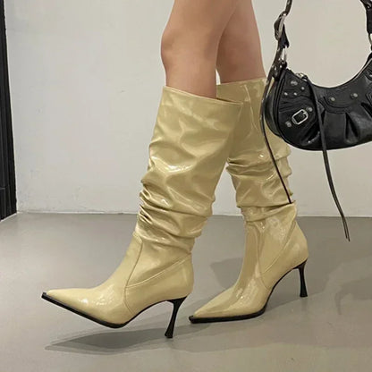 Botas altas de cuero para Mujer, zapatos sexis de tacón alto con punta puntiaguda, Botas Chelsea de fiesta a la moda para Mujer, Botas de nieve nuevas para Mujer