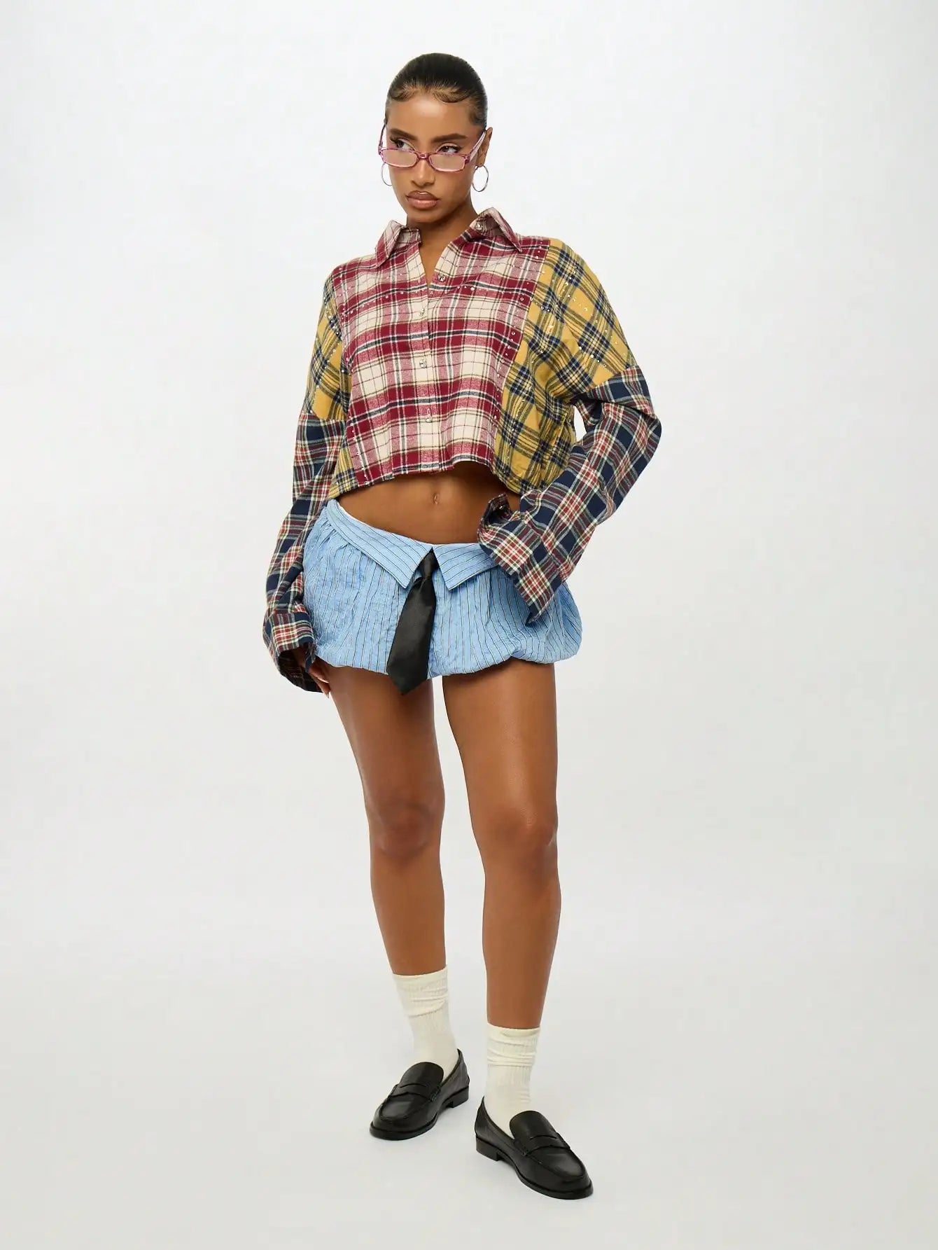 Camisa Corta a Cuadros con Parches