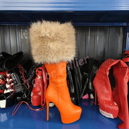 Zapatos de plataforma de piel de albaricoque para invierno, tacones de aguja con punta redonda, botas hasta la rodilla con cremallera lateral, botas de caballero elegantes para fiesta 46
