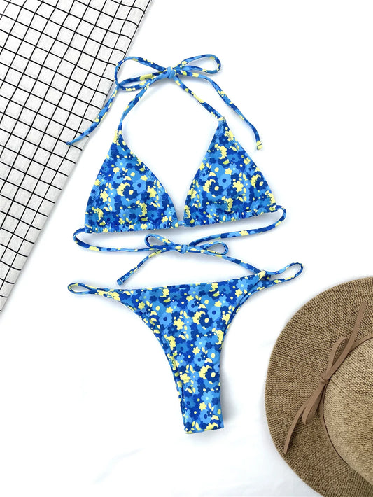 Bikini azul Floral con cordones