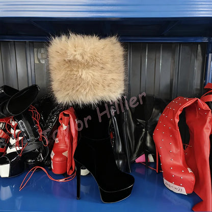 Zapatos de plataforma de piel de albaricoque para invierno, tacones de aguja con punta redonda, botas hasta la rodilla con cremallera lateral, botas de caballero elegantes para fiesta 46