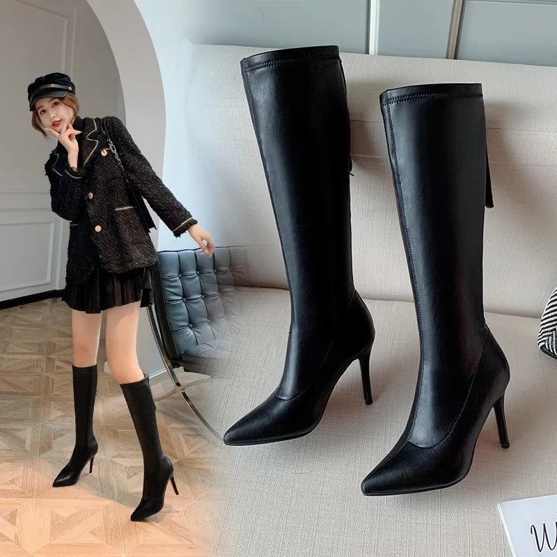Zapatos de tacón alto de cuero suave, Sexy, punta estrecha con cremallera