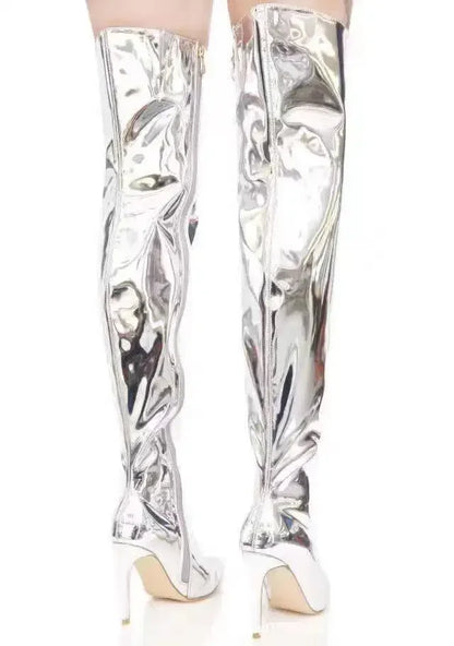Botas de mujer con plataforma de espejo, puntiagudas, Punk, tacones altos y finos, Botas Largas por encima de la rodilla, zapatos de fiesta informales plateados con cremallera para Otoño e Invierno
