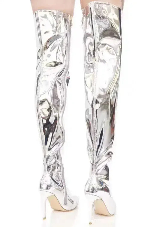 Botas de mujer con plataforma de espejo, puntiagudas, Punk, tacones altos y finos, Botas Largas por encima de la rodilla, zapatos de fiesta informales plateados con cremallera para Otoño e Invierno