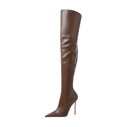 Arden Furtado 2025 invierno marrón elástico sobre la rodilla botas puntiagudas cremallera lateral conciso tacón súper alto botas ajustadas para mujer