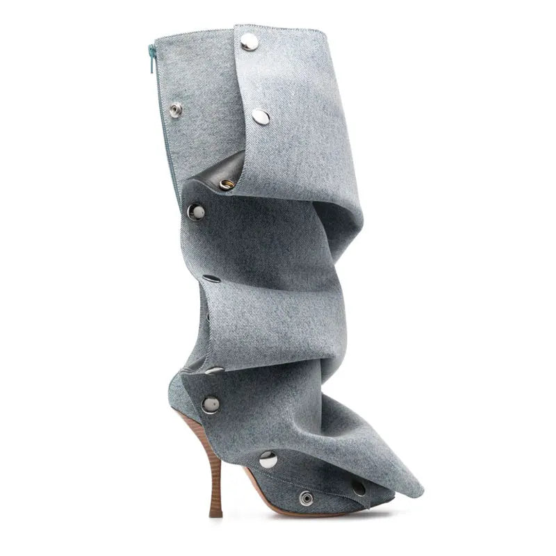 Women's New Pointed Super High Heel Back Zipper Decal Denim Fabric Personalized Knee Long Boots