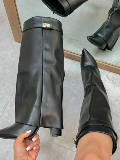 Nuevas botas de mujer hasta la rodilla con hebilla de Metal puntiaguda