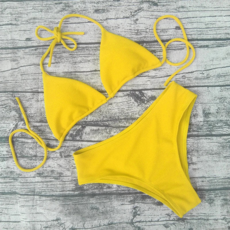 Bikini 2023, traje de baño Sexy de Color sólido, conjunto de Bikini a rayas triangulares para mujer, traje de baño, Bikini de playa, Bikini para mujer