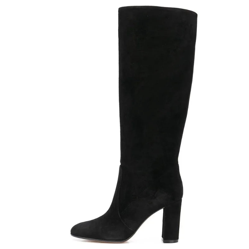 Botas de mujer, Botas informales de piel de ante de alta calidad, Botas de diseño plisado apiladas para mujer, Botas hasta la rodilla con punta estrecha a la moda