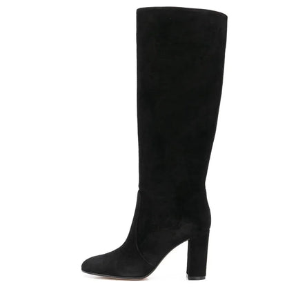 Botas de mujer, Botas informales de piel de ante de alta calidad, Botas de diseño plisado apiladas para mujer, Botas hasta la rodilla con punta estrecha a la moda