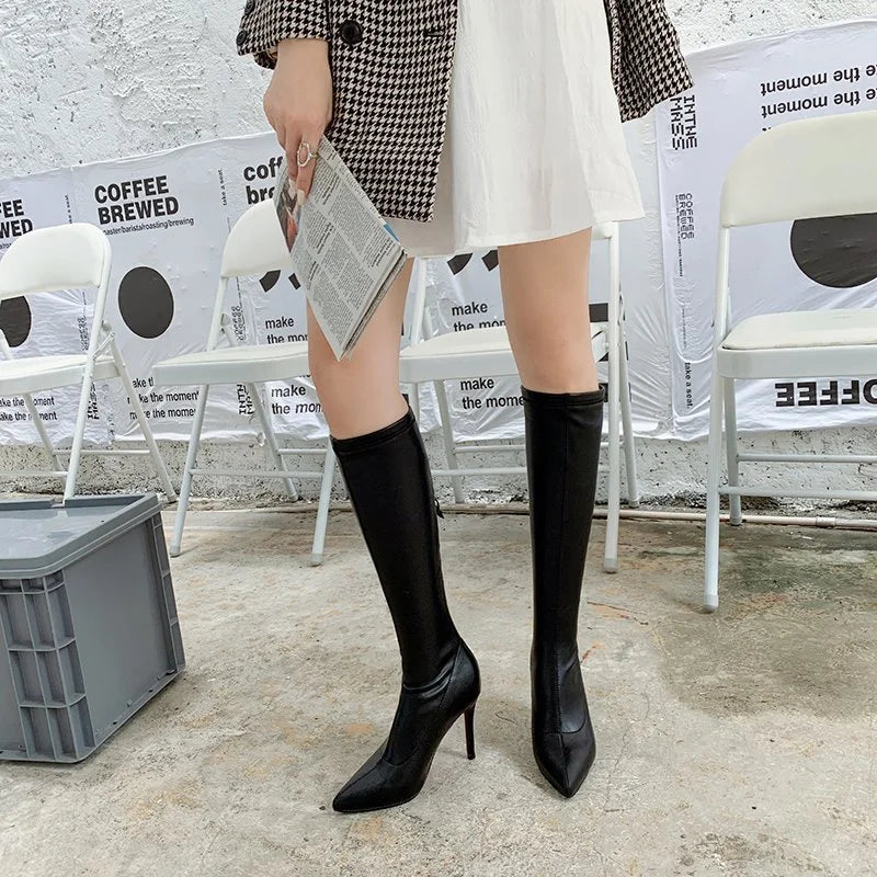 Zapatos de tacón alto de cuero suave, Sexy, punta estrecha con cremallera
