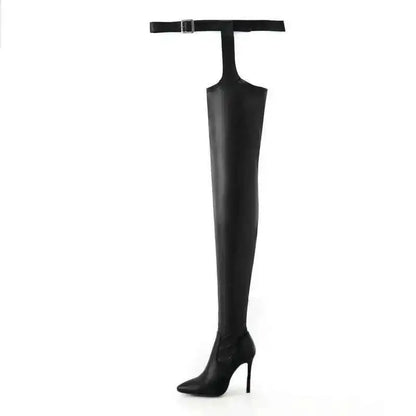 Botas altas hasta el muslo negras de talla grande 46, hebillas de cinturón sexis, tacón de aguja por encima de la rodilla, zapatos de mujer a la moda