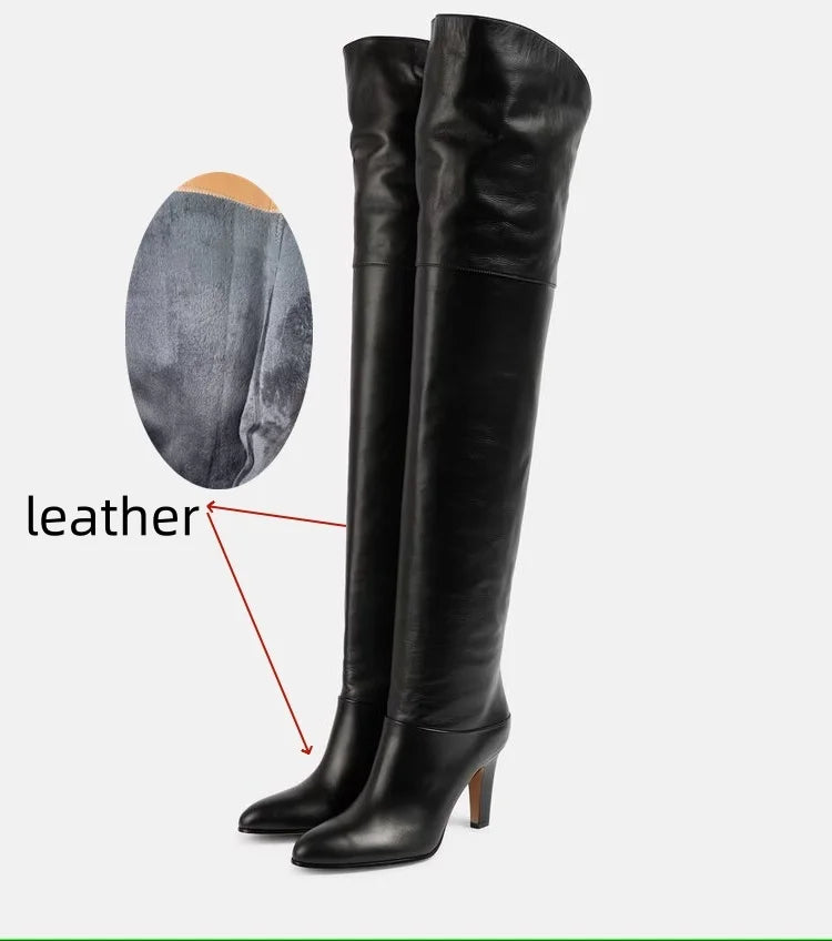 Botas de tacón alto grueso de piel de vaca para mujer, botas por encima de la rodilla a la moda, moda europea y americana, para caminar y banquetes, 2024