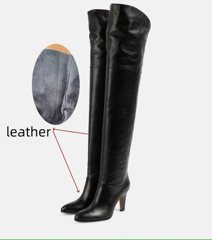 Botas de tacón alto grueso de piel de vaca para mujer, botas por encima de la rodilla a la moda, moda europea y americana, para caminar y banquetes, 2024