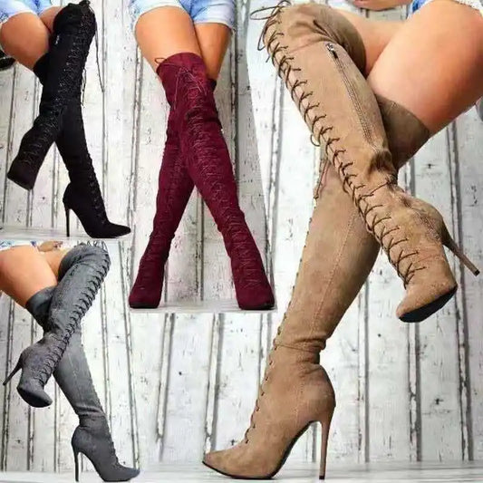Botas de mujer con punta estrecha por encima de la rodilla Otoño Invierno tacones altos sexis bota Casual de Color sólido con cordones Botas Largas de tacón de aguja