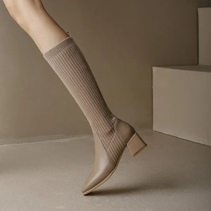 Otoño Invierno Botas Largas de punto Mujer nuevos calcetines hasta la rodilla zapatos Mujer moda Slip on tacones altos Retro Botas elásticas Mujer 202