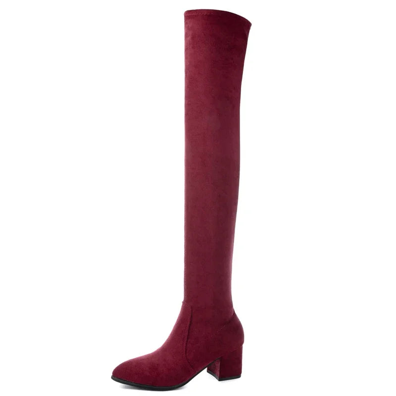 Botas altas hasta el muslo para mujer, zapatos por encima de la rodilla, Sexy, de tacón alto, color rojo y negro, invierno, 2023