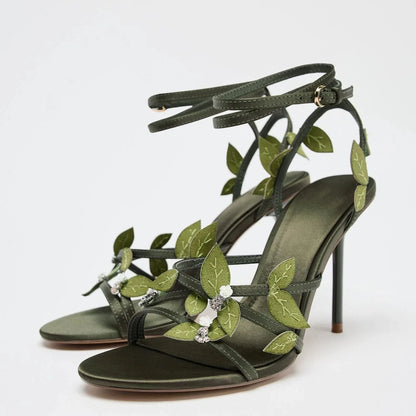 zapatos de mujer, sandalias de tacón de aguja con adornos florales