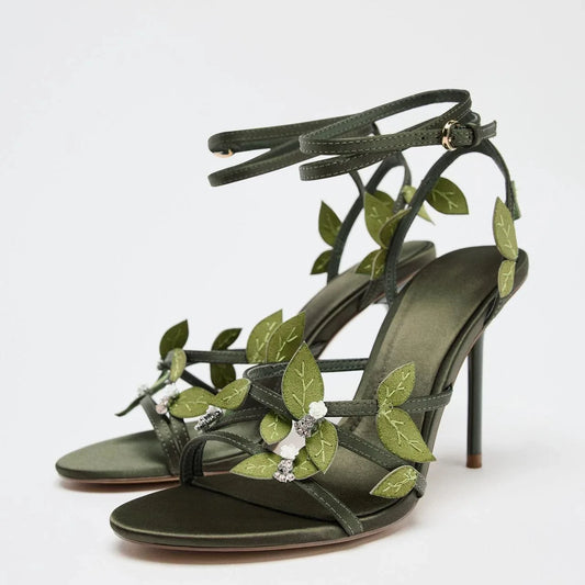 zapatos de mujer, sandalias de tacón de aguja con adornos florales
