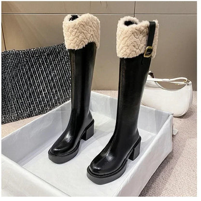 Botas Chelsea hasta la rodilla para Mujer, Botas que mantienen el calor, Botas de plataforma con cremallera de piel para Mujer, zapatos de Mujer con borde de felpa, nuevas Botas para Mujer