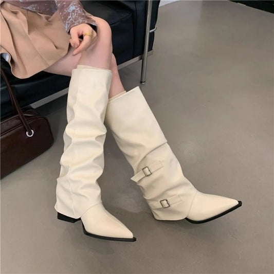 Primavera Invierno nueva hebilla de Metal puntiaguda hasta la rodilla botas de mujer gruesas de tacón alto pantalones largos botas de moda de longitud media