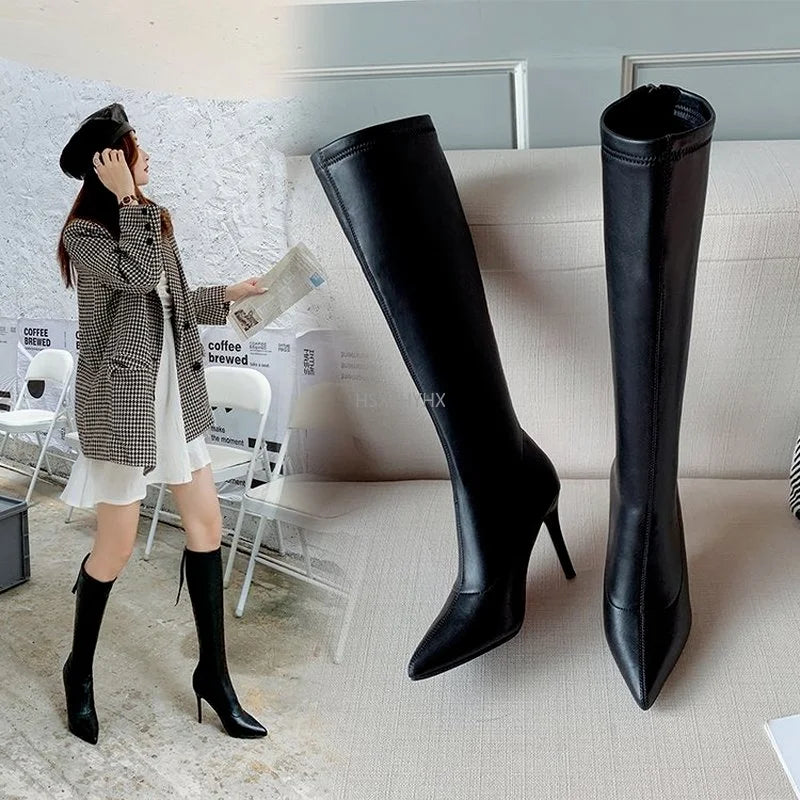 Zapatos de tacón alto de cuero suave, Sexy, punta estrecha con cremallera