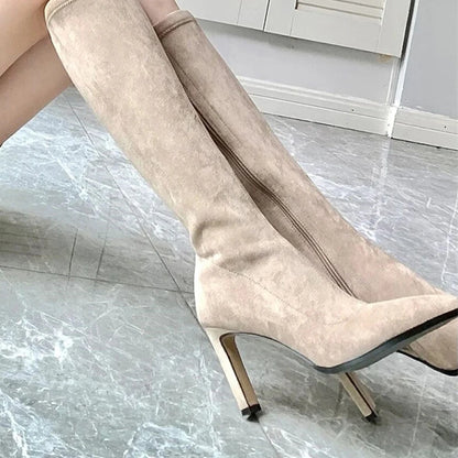 Botas altas con tacón de aguja de gamuza y punta puntiaguda, tacones altos antideslizantes y resistentes al desgaste con cremallera lateral, otoño