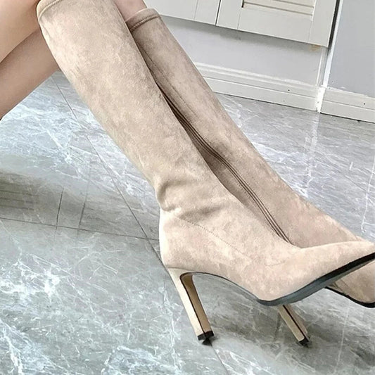 Botas altas con tacón de aguja de gamuza y punta puntiaguda, tacones altos antideslizantes y resistentes al desgaste con cremallera lateral, otoño