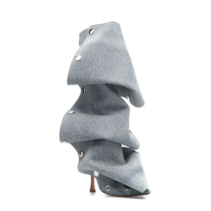 Women's New Pointed Super High Heel Back Zipper Decal Denim Fabric Personalized Knee Long Boots