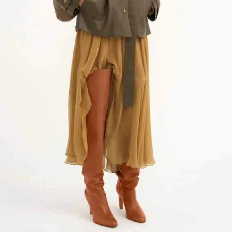 Botas de tacón alto grueso de piel de vaca para mujer, botas por encima de la rodilla a la moda, moda europea y americana, para caminar y banquetes, 2024