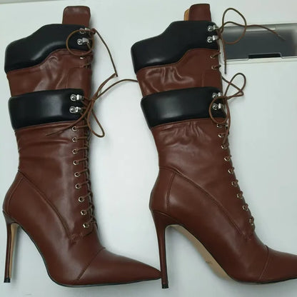 2025 Botas de tacón alto de Otoño Invierno para Mujer con cordones puntiagudos tacones finos Botas de Mujer de doble capa Sexy a media pantorrilla